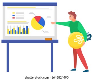 Man standing near statistics chart and looking ahead, lamp in hand. Business tools for innovations and cooperation. New idea. Vector illustration in flat style. Business meeting explanation of ideas
