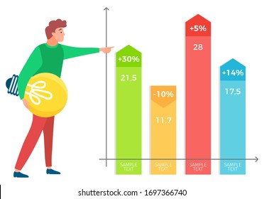 Man standing near statistics chart and looking ahead, lamp in hand. Business tools for innovations and cooperation. New idea. Vector illustration in flat style. Business meeting explanation of ideas
