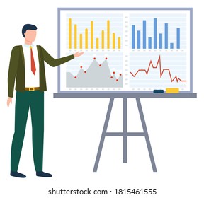 Man standing near statistics chart and looking on it. Business analytics graphs, company information on board. Businessman or manager in suit on meeting or appointment, vector illustration flat style