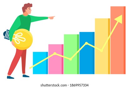 Hombre parado cerca de la gráfica estadística y mirando hacia adelante, lámpara en mano. Instrumentos empresariales para la innovación y la cooperación. Ilustración vectorial en estilo plano en blanco