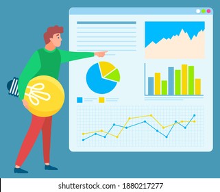 Man standing near statistics chart and looking ahead, lamp in hand. Business tools for innovations and cooperation. New idea. Vector illustration in flat style. Business meeting explanation of ideas