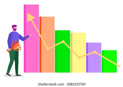 Man standing near statistics chart and looking. Business analytics information on simple schema. Guy with winner cup in hand, diagram that represents success of company. Vector illustration in flat