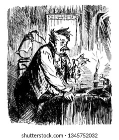 Un hombre de pie cerca de la mesa y encendiendo velas en la mesa, dibujo de líneas antiguas o ilustración de grabado