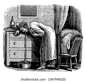 A man standing near table and vomiting, bottle and glass kept on table, vintage line drawing or engraving illustration