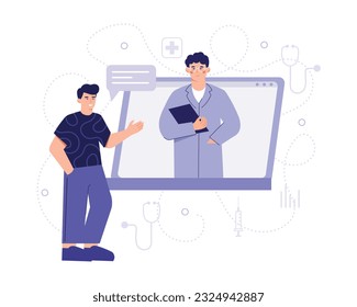Hombre parado cerca de la pantalla del tablet y hablando con un trabajador médico. Es hora de hacer el tratamiento de los pacientes online. Consulta médica remota a través de Internet. Ilustración plana vectorial en colores azules