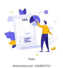 Man standing near tax document with pie chart percentage. Filling financial form. Tax or regular payments from commercial profit concept flat vector illustration. 