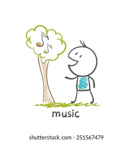 man standing near tree with notes illustration