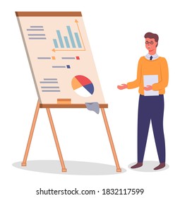 Man standing near wooden flipchart with diagram or pie chart, graphs, data, chart, infographics. Business presentation at board. Report screen with statistics, business strategies, financial plan