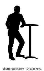 Man standing next to bar table and waiting woman vector silhouette. Night club guest urban life. Break relaxation after work. Blind date in cafe, social connection. Macho play boy waiting girl.