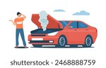 Man standing next to a broken down car with the hood open. Vector illustration.