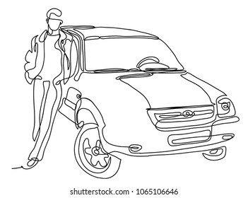 Man standing next to car illustration. Continuous line drawing. Isolated on the white background. Vector monochrome, drawing by lines.