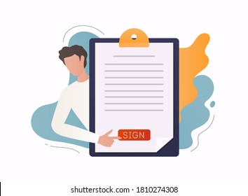 Hombre parado al lado del portapapeles con el documento. Concepto de firma electrónica. Firma de contrato comercial. Documento corporativo. Comprobación del acuerdo.