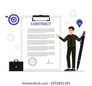 A man is standing next to a contract form signed contract agreement illustration