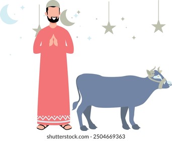 The man is standing next to the cow.