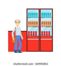 Man Standing Next To Display Case With Srinks Assortment, Smiling Person Having A Dessert In Sweet Pastry Cafe Vector Illustration