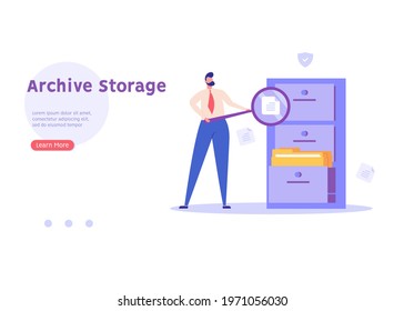 Man standing next to a file storage box. Concept of document archive, data storage, safe storage, file archiving and organization, digital database. Vector illustration in flat design