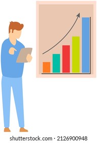 Hombre parado al lado de un diagrama de flujo con diagrama. Tablero de presentación con datos estadísticos. Sala de exposición de informes de negocios con afiche y profesor. Empresario demuestra los resultados de la investigación estadística