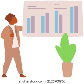 Man standing next to flipchart with diagram. Presentation board with statistical data. Business report showroom with poster and lecturer. Businessman demonstrates results of statistical research