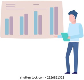 Man standing next to flipchart with diagram. Presentation board with statistical data. Business report showroom with poster and lecturer. Businessman demonstrates results of statistical research