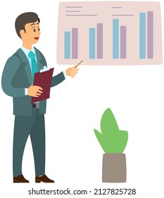 Mann, der neben Flipchart mit Diagramm steht. Präsentationsplattform mit statistischen Daten. Geschäftsbericht mit Poster und Dozent. Unternehmer demonstriert Ergebnisse statistischer Forschung