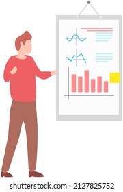 Man standing next to flipchart with diagram. Presentation board with statistical data. Business report showroom with poster and lecturer. Businessman demonstrates results of statistical research