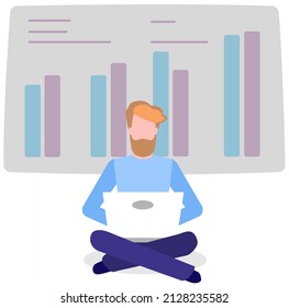 Man standing next to flipchart with diagram. Presentation board with statistical data. Business report showroom with poster and lecturer. Businessman demonstrates results of statistical research