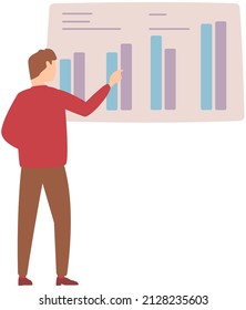 Man standing next to flipchart with diagram. Presentation board with statistical data. Business report showroom with poster and lecturer. Businessman demonstrates results of statistical research