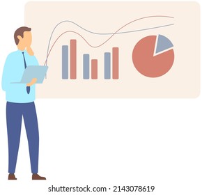 Man standing next to flipchart with diagram. Presentation board with statistical data. Business report showroom with poster and lecturer. Businessman demonstrates results of statistical research