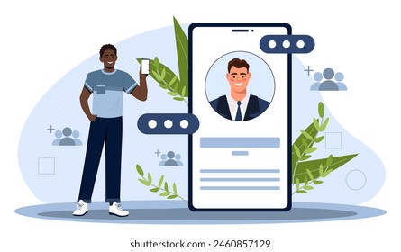 A man standing next to a giant smartphone displaying a profile, with social media interface elements and plants on a light background, concept of online identity. vector illustration