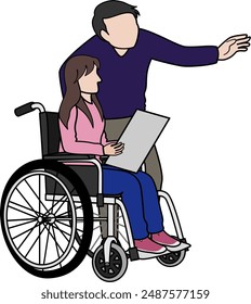 A man standing next to a girl in a wheelchair points at something to the girl. A wife in a wheelchair look at something with her husband. 