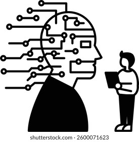A man is standing next to a head with lots of wires coming out of it