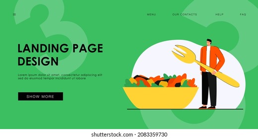  man standing next to huge plate with vegetable salad. Guy holding huge fork flat vector illustration. Healthy lifestyle, organic food concept for banner, website design or landing web page