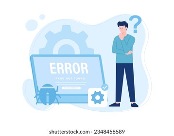 a man standing next to a laptop with a error sign on it trending concept flat illustration