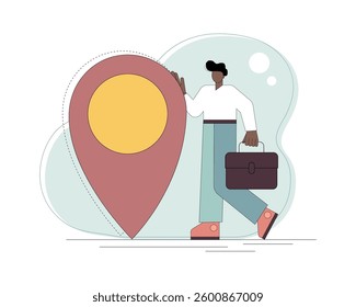 Man standing next to a large map pointer, target. New office location. Relocation. Vector, illustration, flat