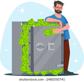 A man standing next to a metal safe full of money bills. Stock vector illustration