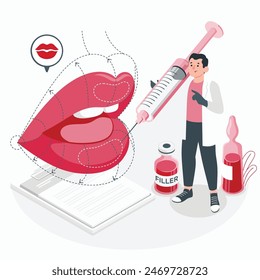 un hombre está parado al lado de una botella de lápiz labial rojo.