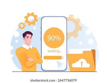 Man standing next to a smartphone showing 90 upload progress, with gears and a cloud folder in the background, representing data transfer. Vector illustration