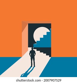 Man standing next to the stairs looking at the moon