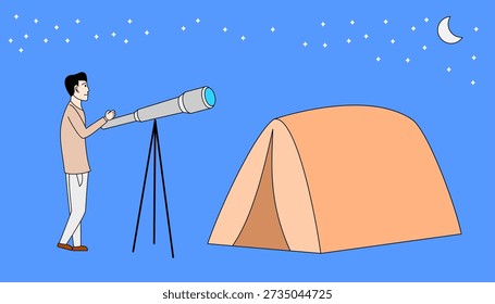 Man is standing next to a telescope, looking through it at a tent in the distance. The sky is clear and the stars are visible, creating a peaceful and serene atmosphere
