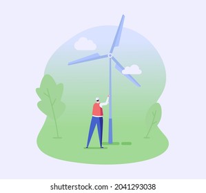 Man standing next to a windmill. Concept of eco friendly lifestyle, renewable energy, clean energy, windmill, alternative resource, ecological power. Vector illustration in flat design