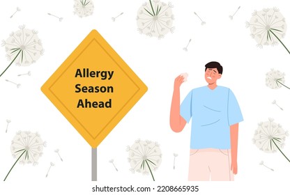 Man standing next to a Yellow allergy season ahead sign. Man sneezes, suffers from pollen allergies, holds a handkerchief, dandelions around. Flat vector illustration