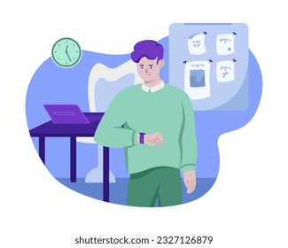 Man standing in office, checking time, working at night. Time management. Cartoon character planning project tasks. Schedule organization concept. Vector flat illustration in blue colors