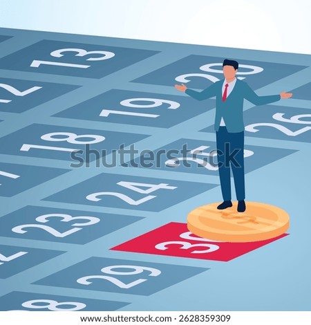 A man standing on the 30th and coins. A metaphorical illustration for payday, work payments and the end of the month.