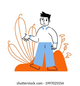 Man standing on abstract nature background. Gesture of greeting. Hi and hello. Modern trendy geometric character. Outline cartoon illustration