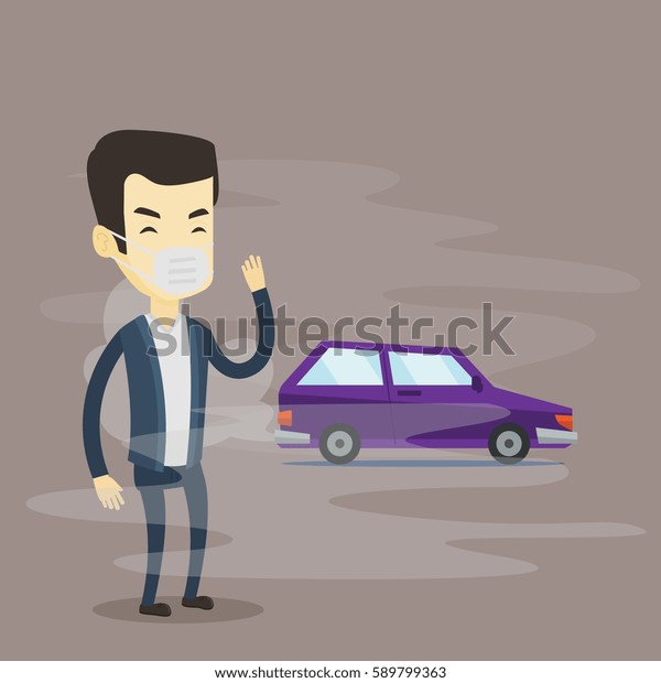 Man standing on the background of car with\
traffic fumes. Man wearing mask to reduce the effect of traffic\
pollution. Concept of toxic air pollution. Vector flat design\
illustration. Square\
layout.