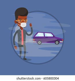 Man standing on the background of smoking car. Man wearing mask to reduce effect of traffic pollution. Concept of air pollution. Vector flat design illustration in the circle isolated on background.