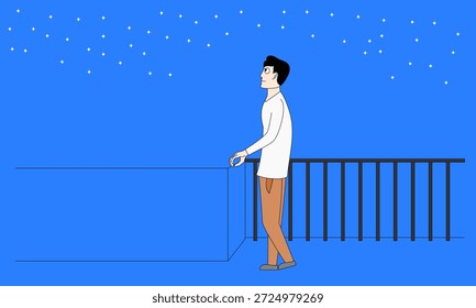 Ein Mann steht auf einem Balkon und blickt auf die Sterne. Das Bild hat eine friedliche und kontemplative Stimmung, da der Mann beim Blick in den Himmel in Gedanken verloren zu sein scheint
