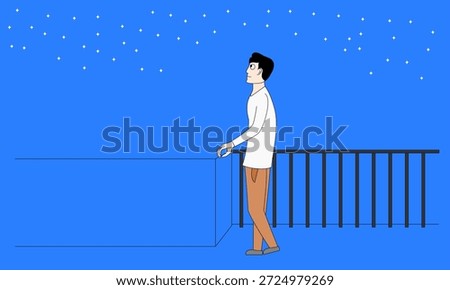 A man is standing on a balcony looking out at the stars. The image has a peaceful and contemplative mood, as the man seems to be lost in thought while gazing at the sky