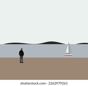 Man standing on the beach looking at sailboat on the sea during holiday vacation. Travel and relax background.