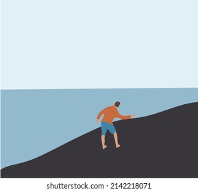 Man standing on beach and playing throwing a pebble stones into water. Cartoon flat vector illustration.